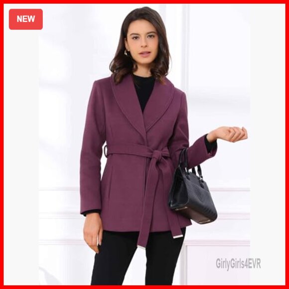 Women's Pea Coat with Belt, Lapel Collar, One Button, Polyester, Regular Fit - Picture 6 of 7